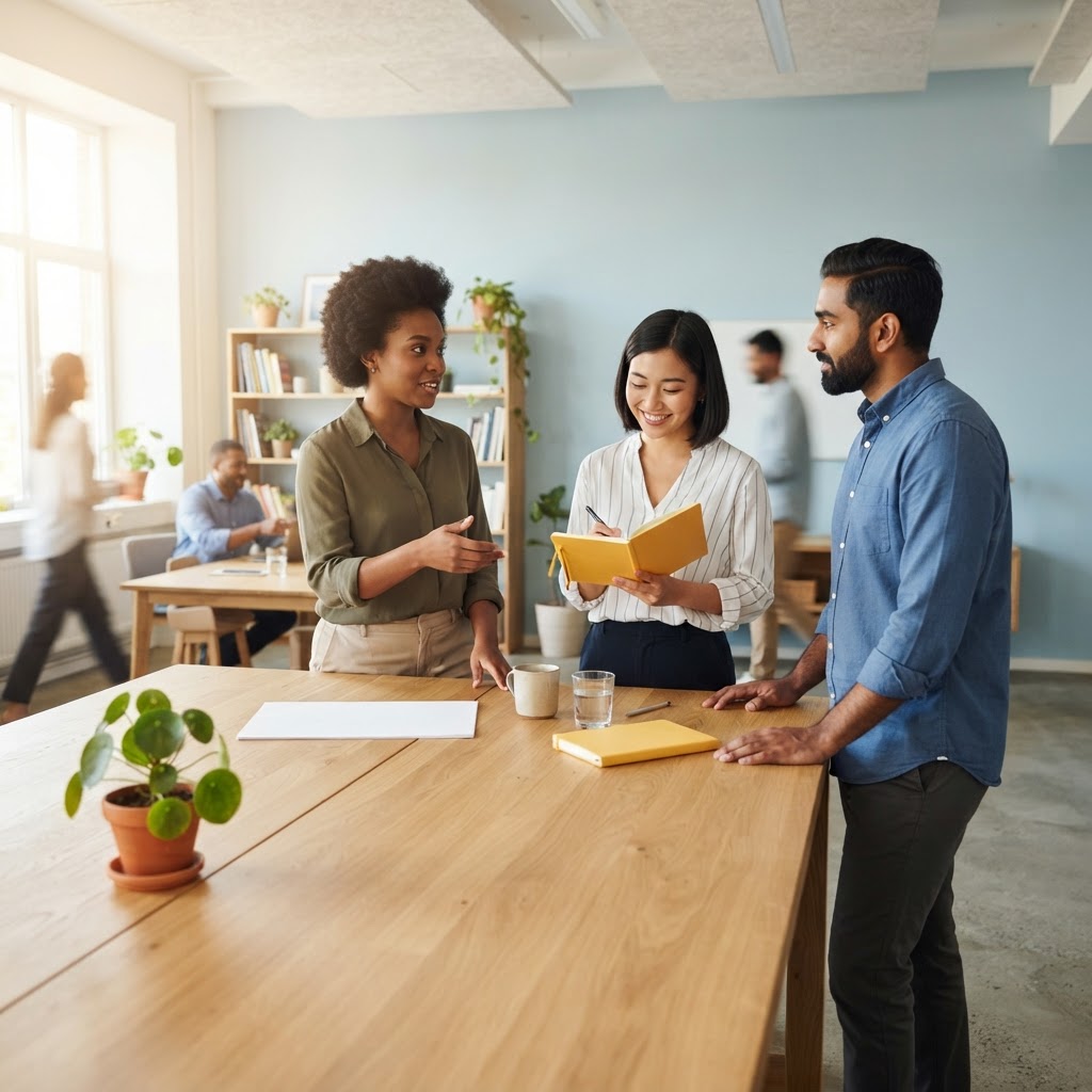 Three diverse colleagues collaborating around a clean wooden table in a bright office