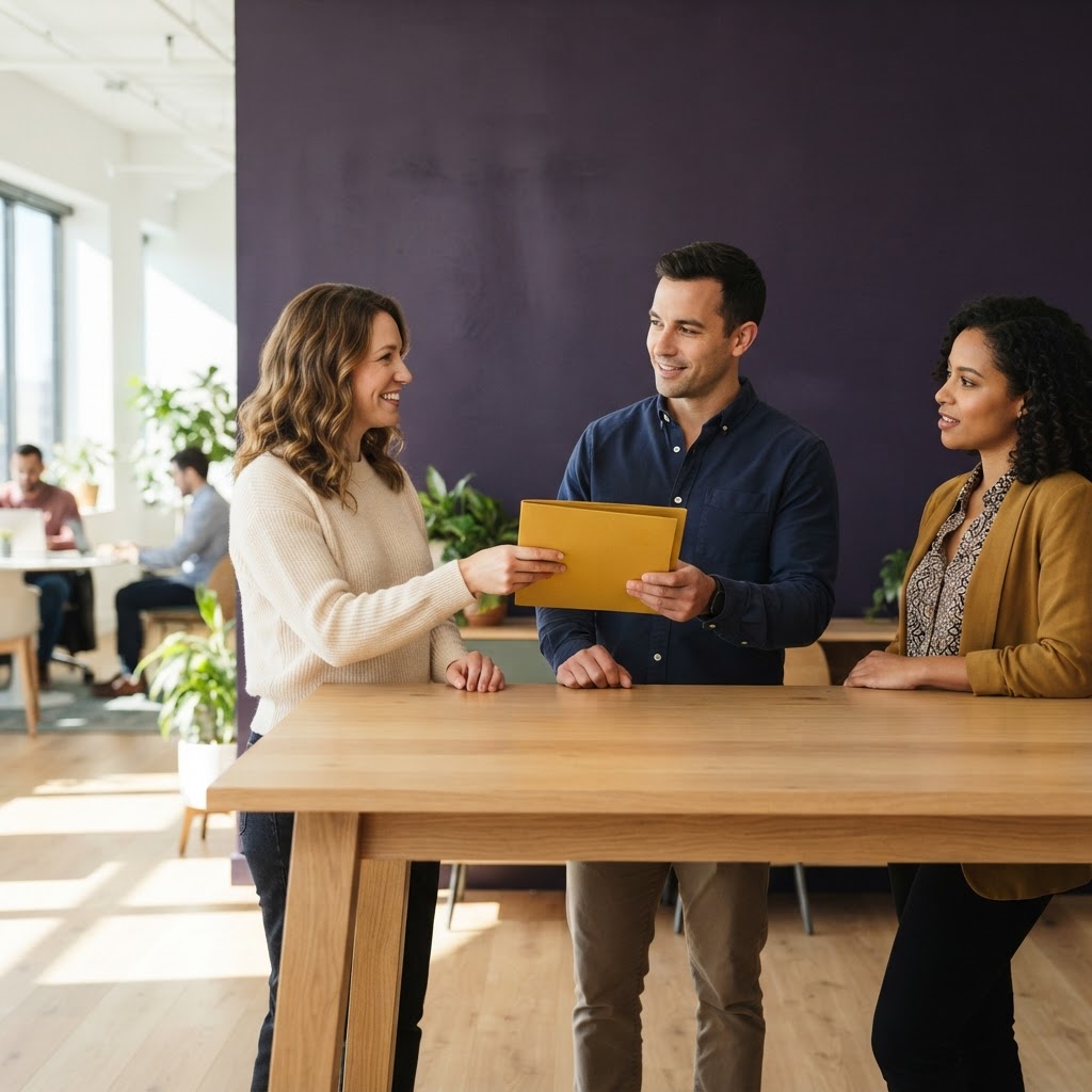 Colleagues exchanging a folder in a collaborative workspace