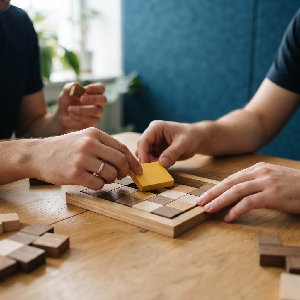 Hands fitting a final puzzle piece into a wooden frame
