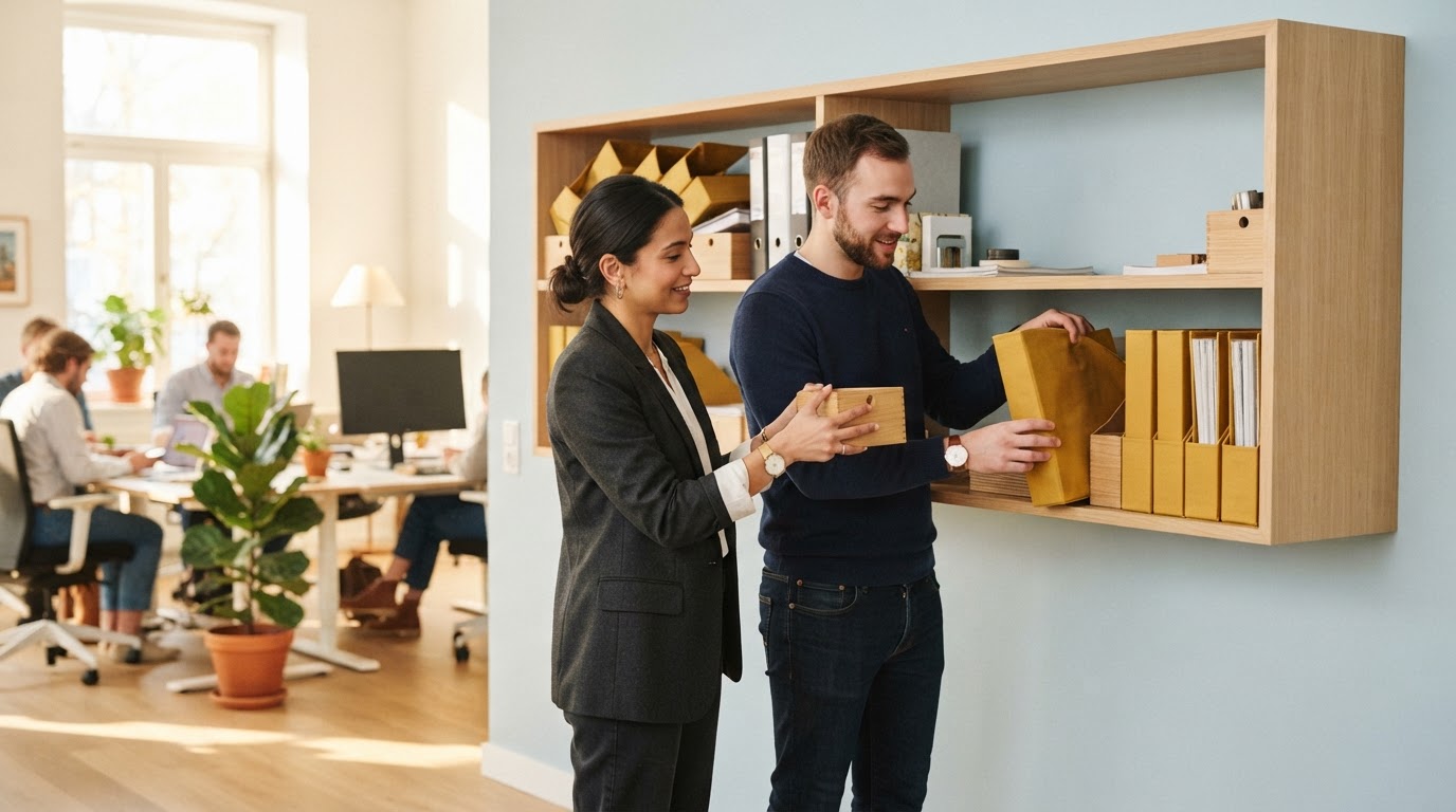 Two colleagues organizing office storage into a clean sequence