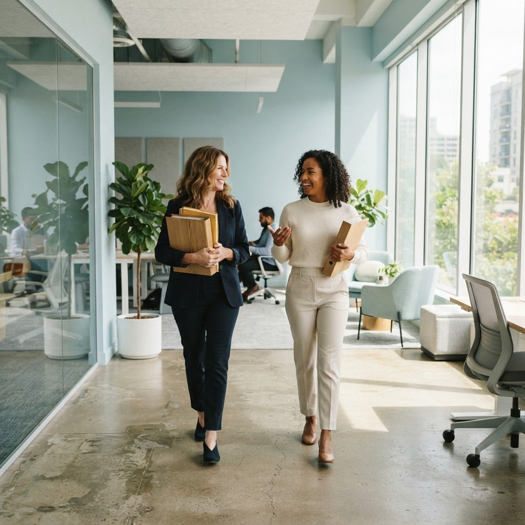 Two colleagues walking and talking in a bright office