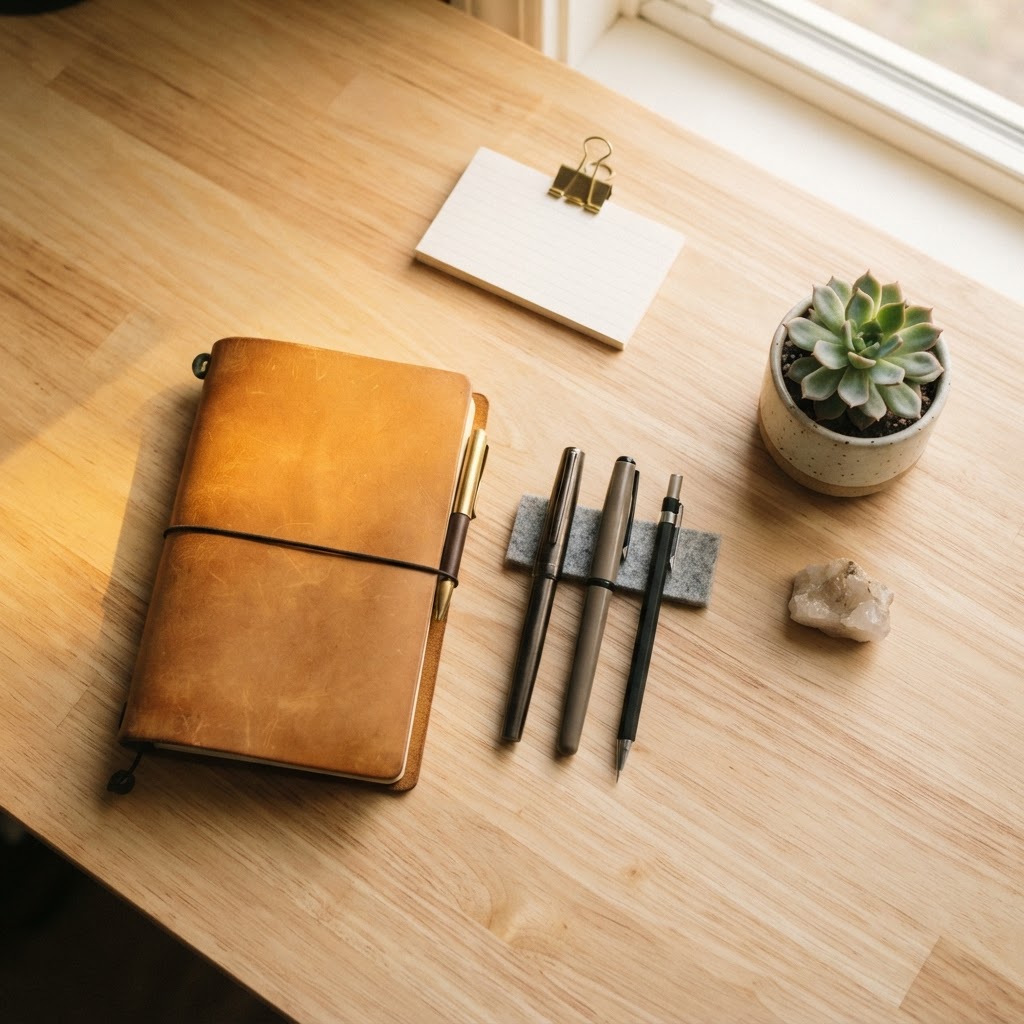 Organized workspace desk with notebook and stationery