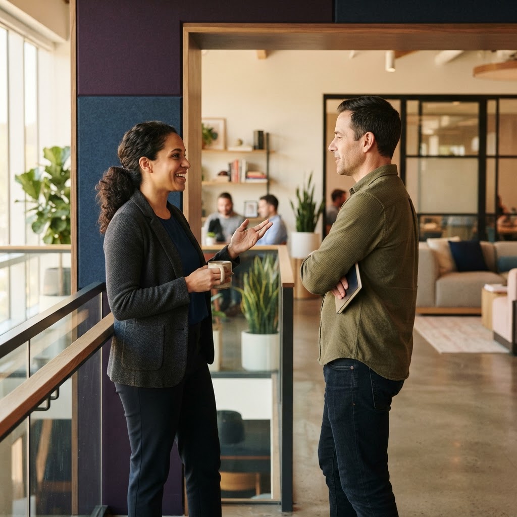 Two colleagues having a casual conversation in an office