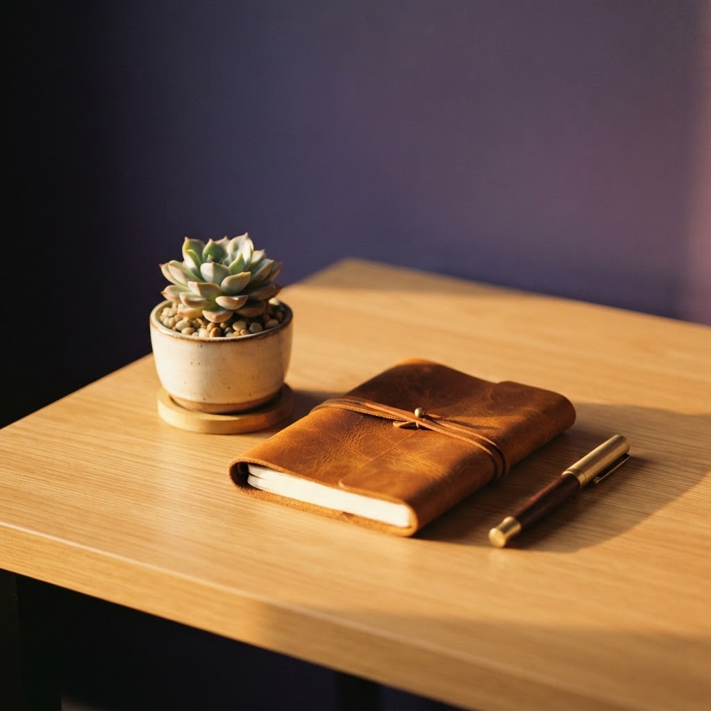 Clean organized desk with a succulent and notebook