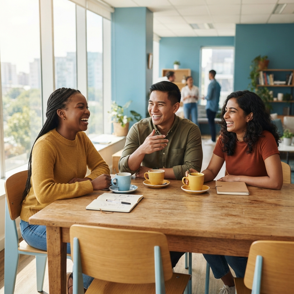 Diverse team laughing together in a modern office