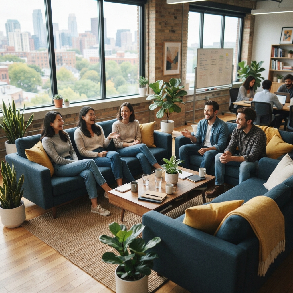 Small team relaxing on a modern office couch