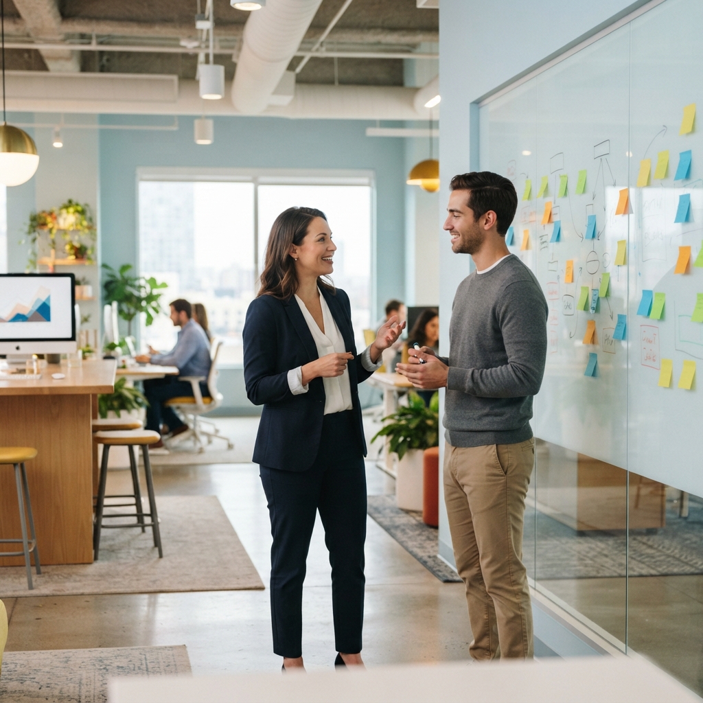Two colleagues collaborating over sticky notes on a wall
