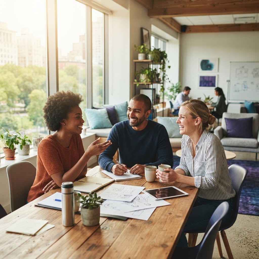 A diverse team collaborating in a bright modern office