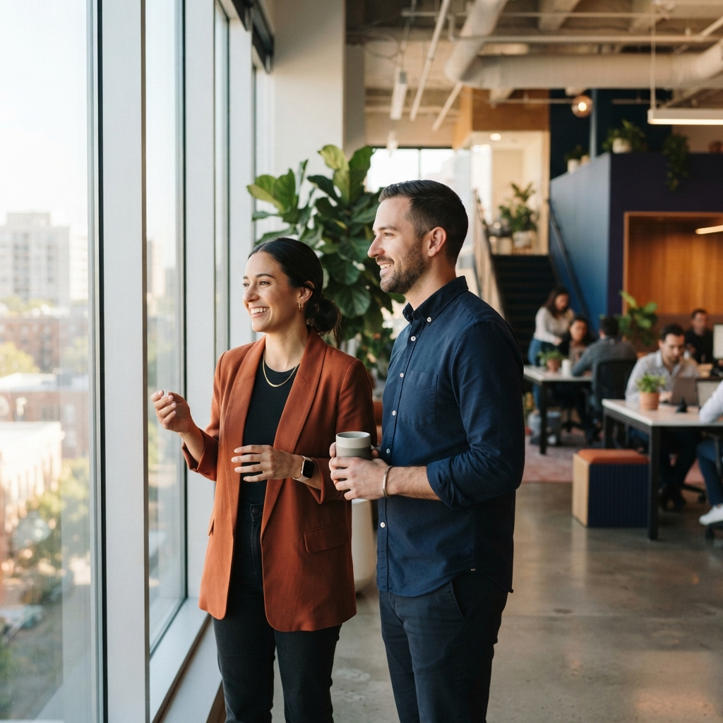 Two colleagues having a relaxed conversation in a modern office