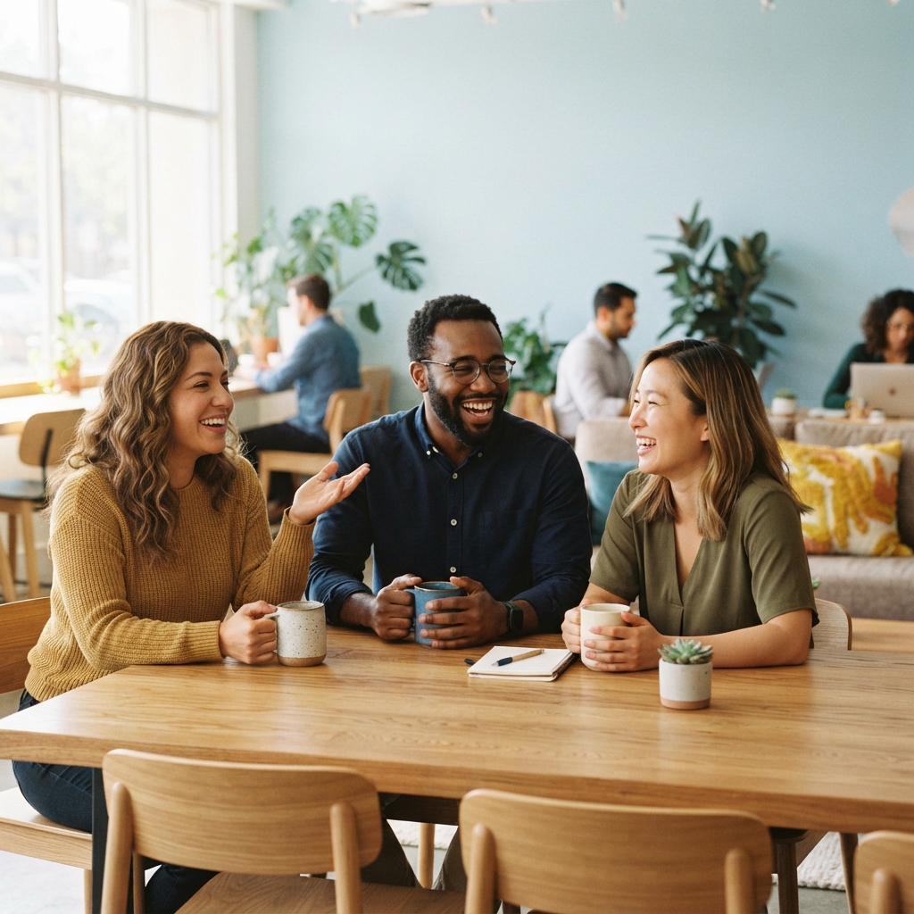 A happy diverse team collaborating in a modern sunlit office