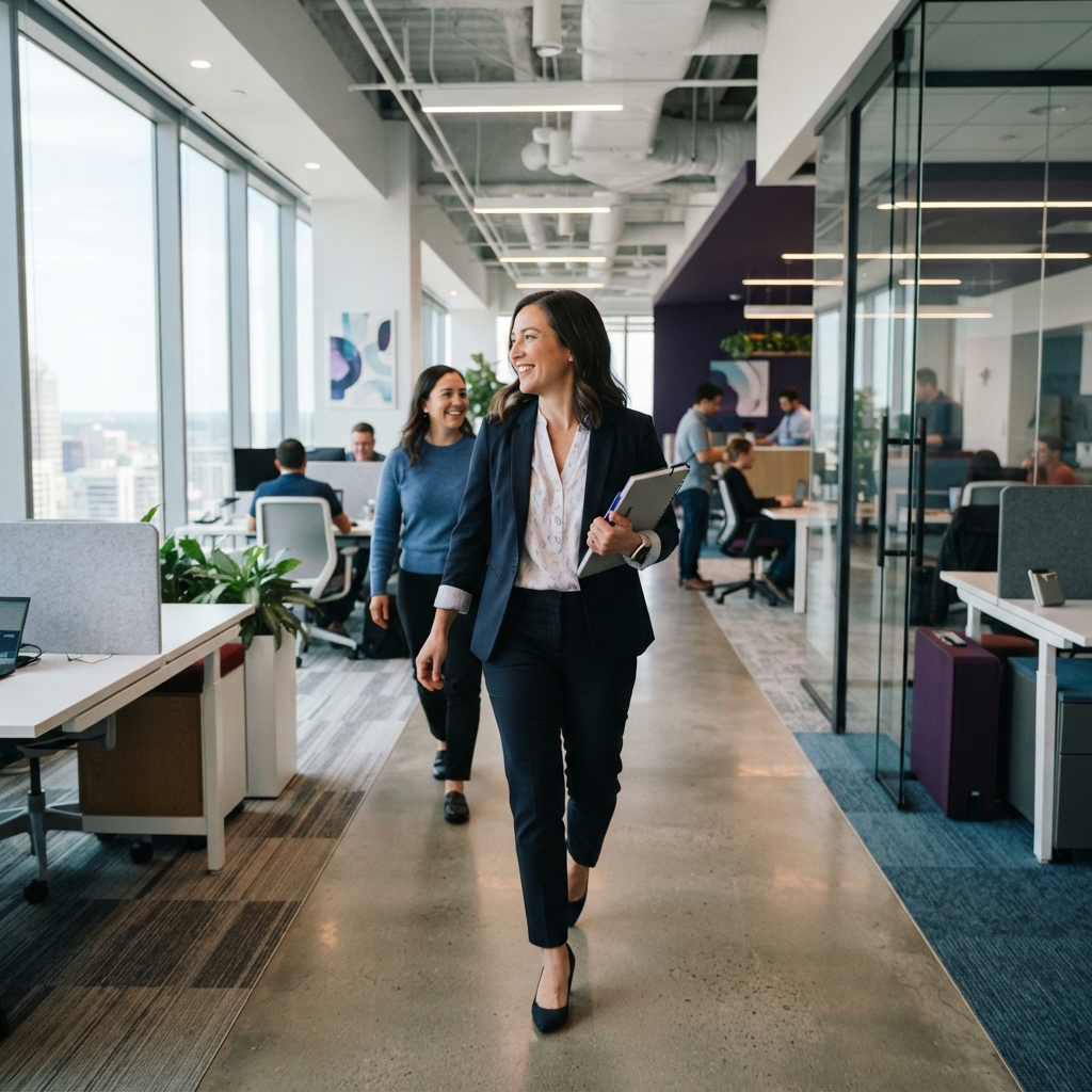 An operations lead walking through an energetic modern office