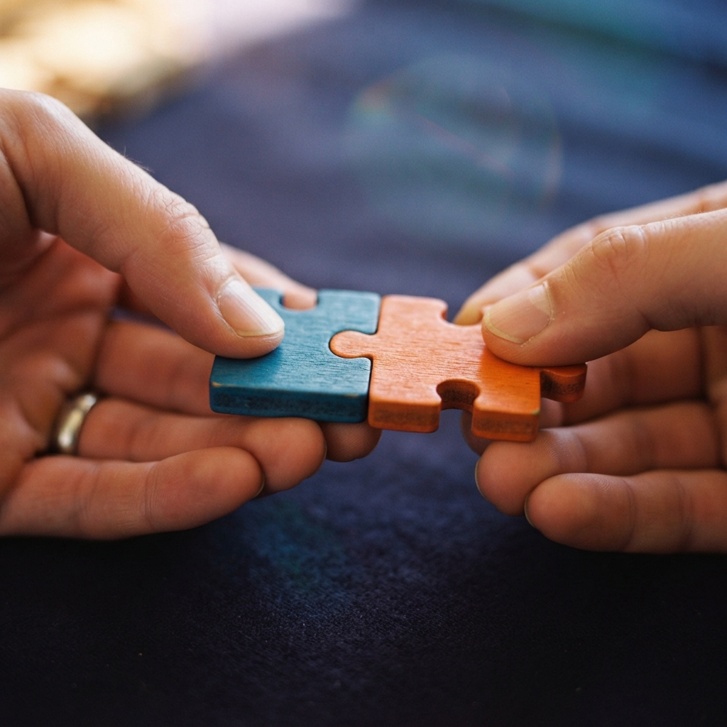 Hands fitting two puzzle pieces together on a warm background
