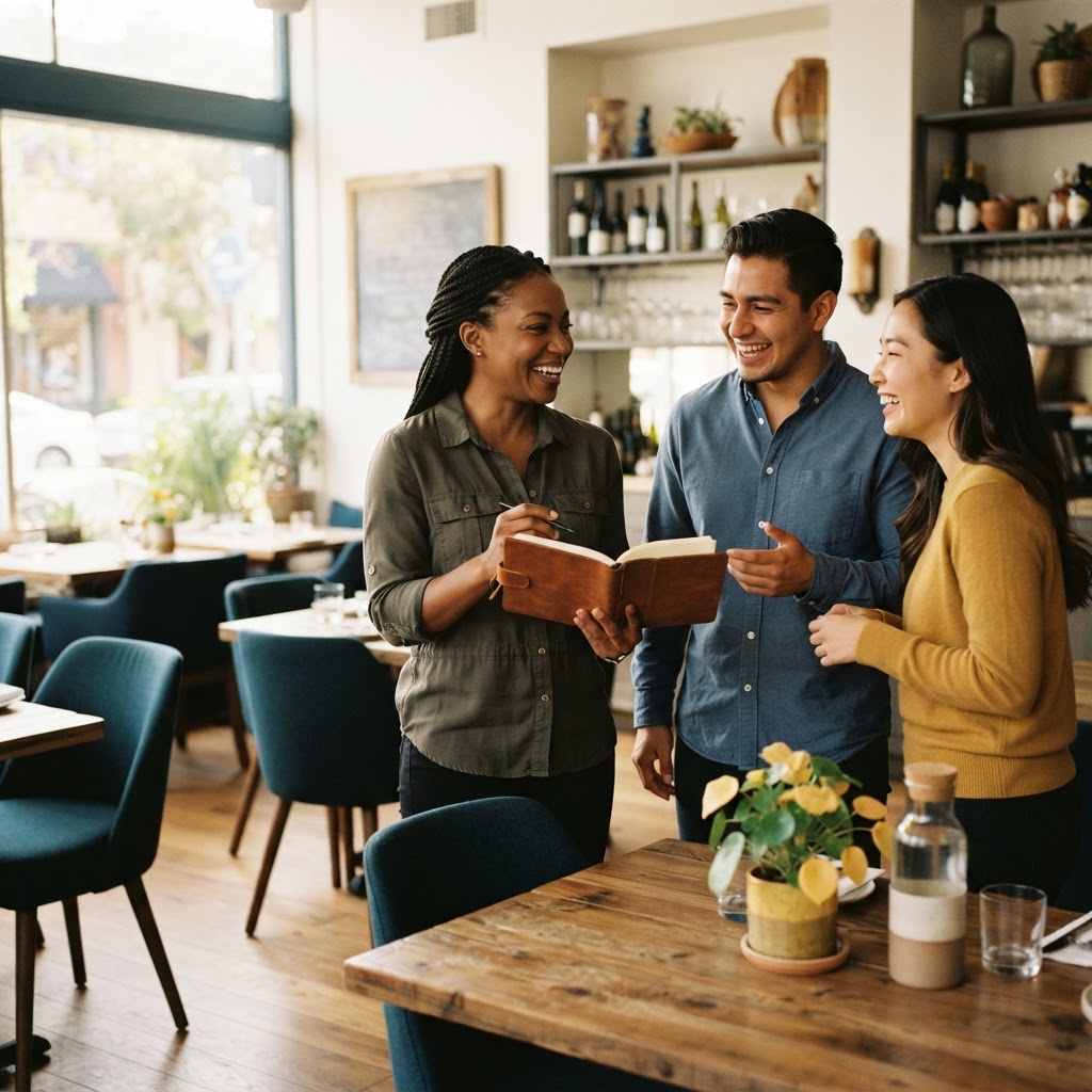 Diverse restaurant team collaborating in a bright dining space