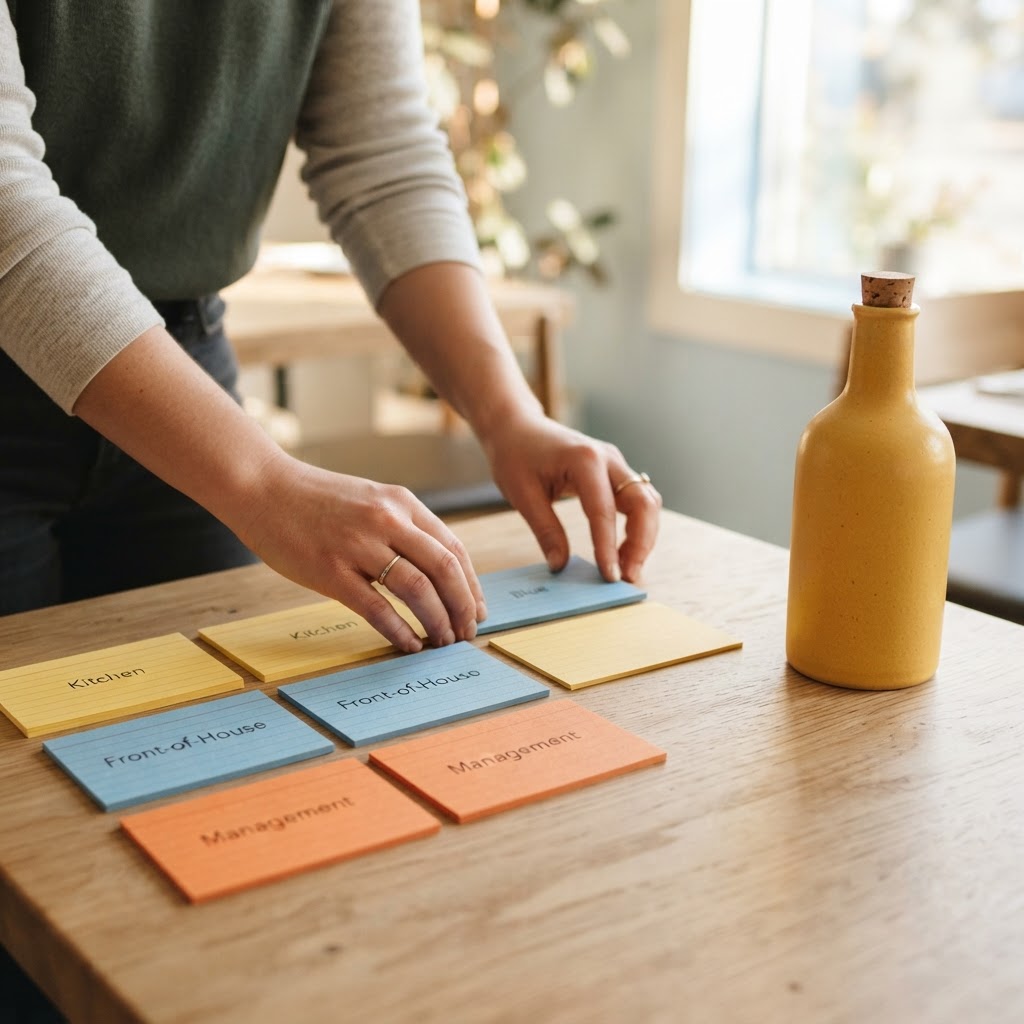 Hands organizing color coded index cards on a wooden table