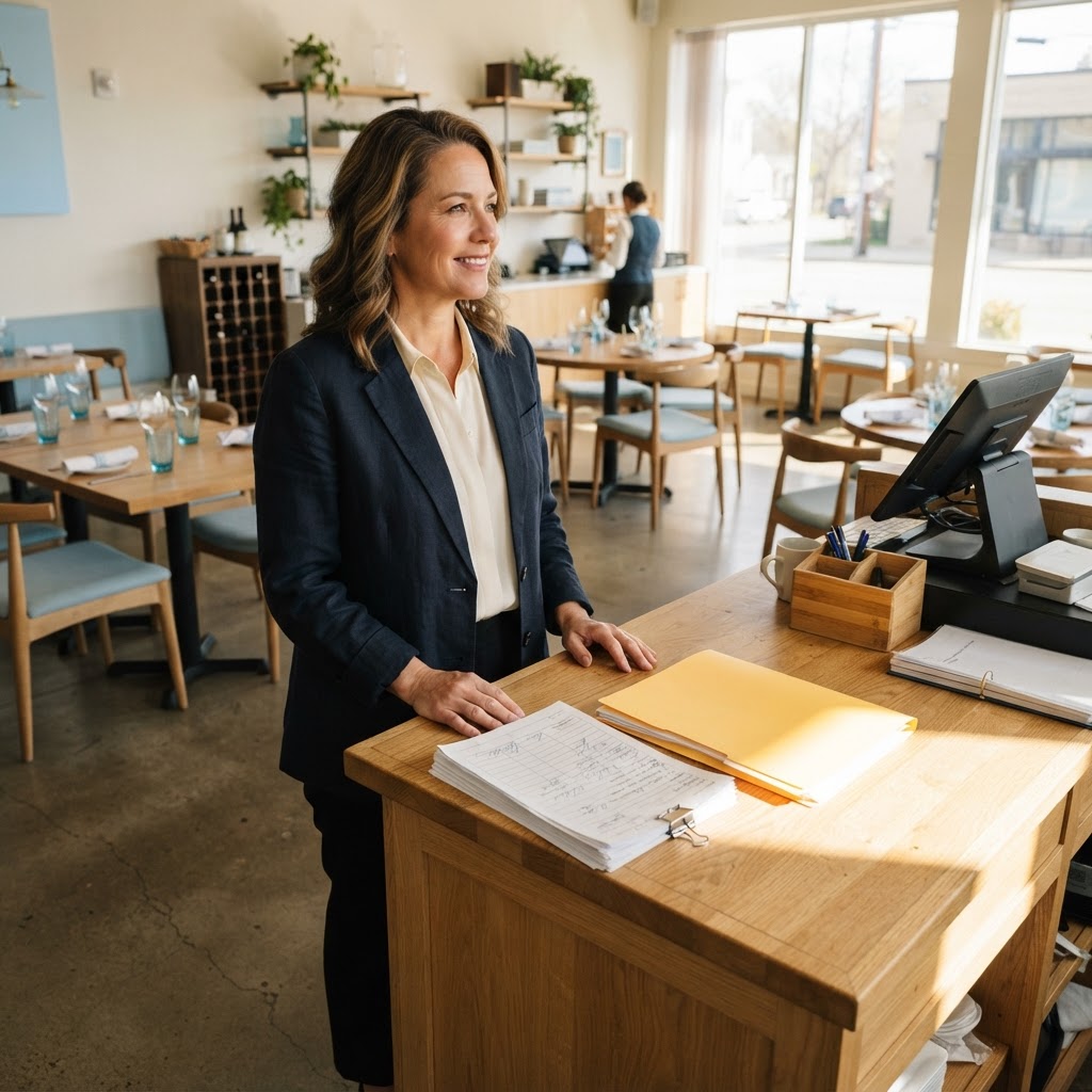 Restaurant owner reviewing organized paperwork at a server station