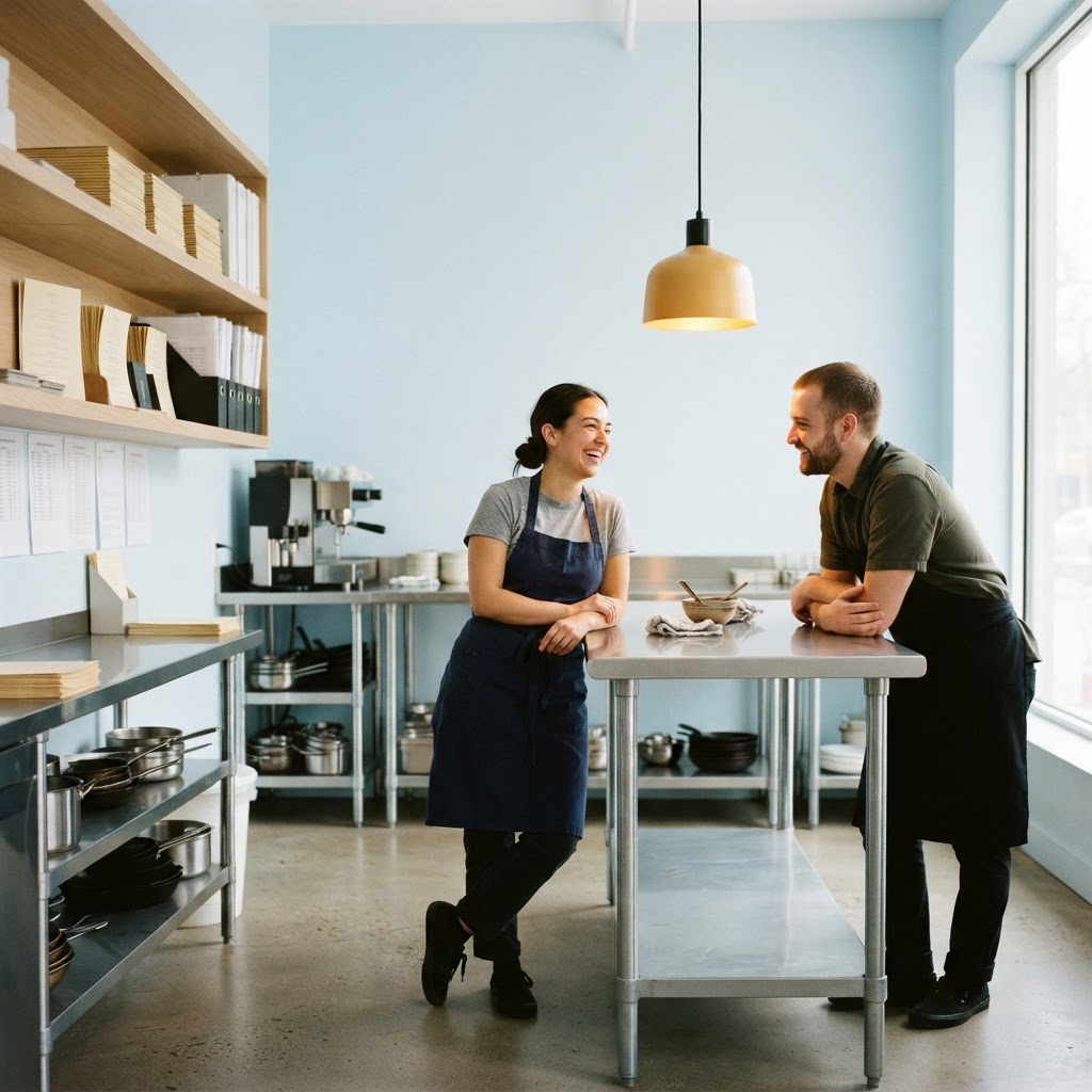 Two restaurant staff members chatting in a clean kitchen