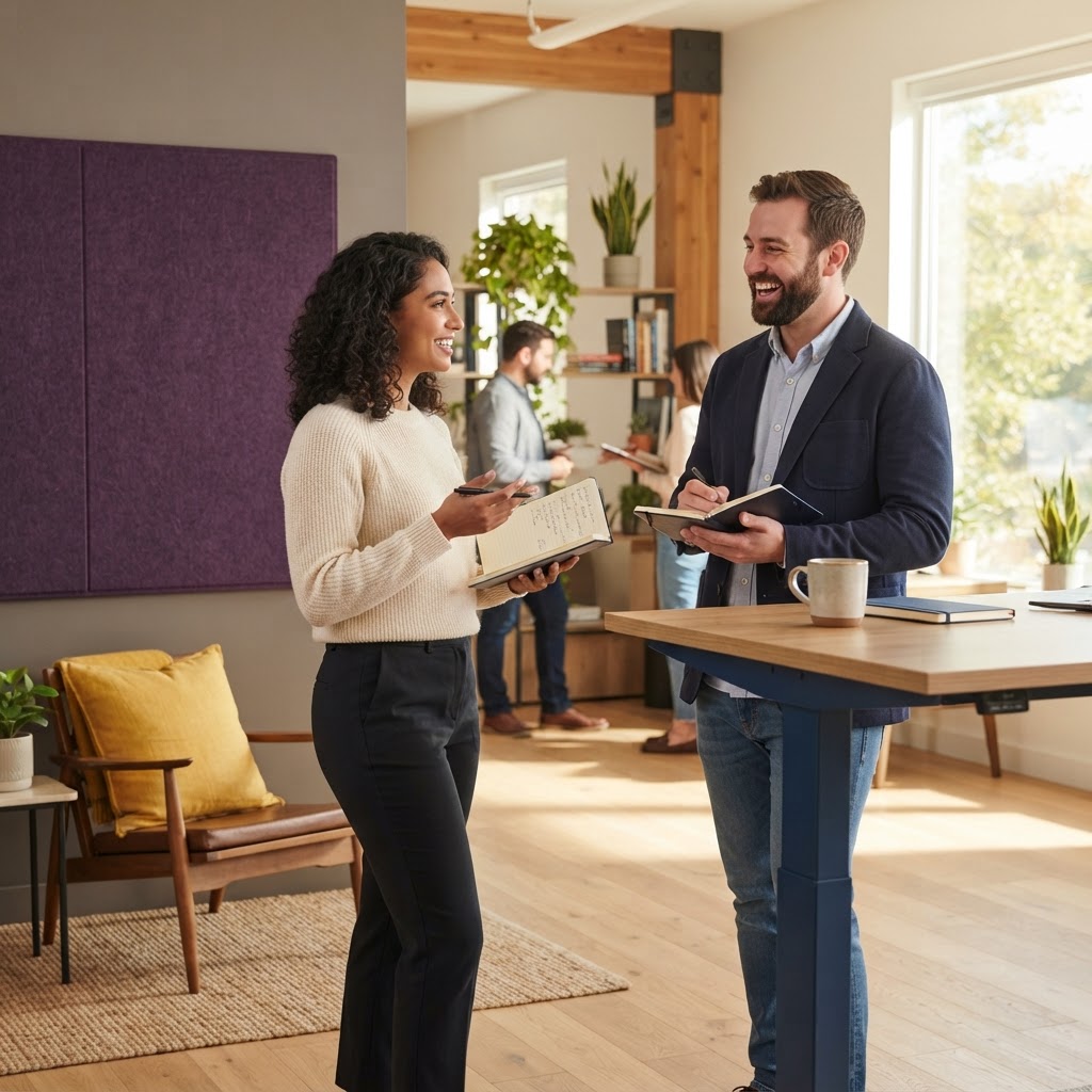 Founder and ops lead having a relaxed conversation in an office