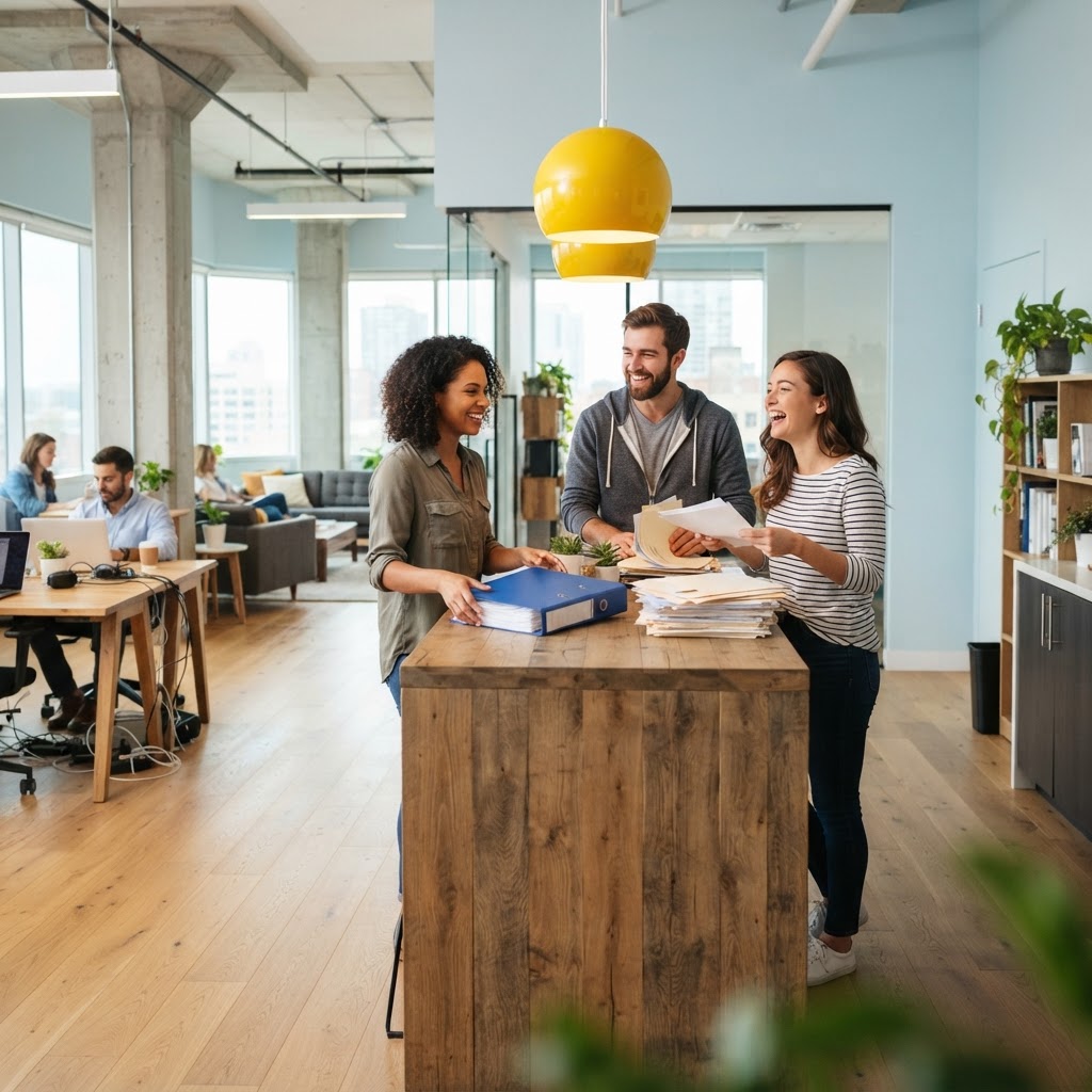 Team members in a bright office organizing their workspace