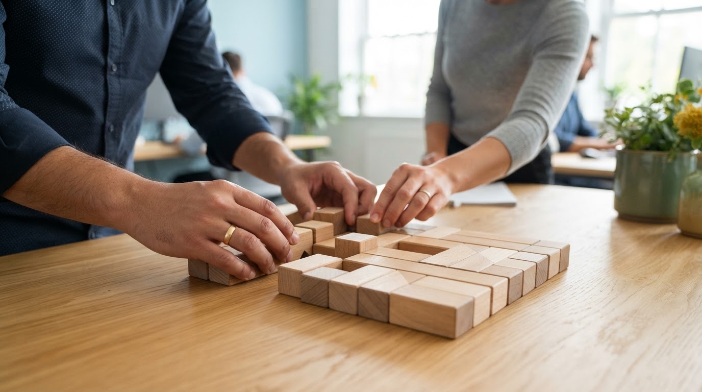 Two colleagues arranging modular wooden blocks on a desk