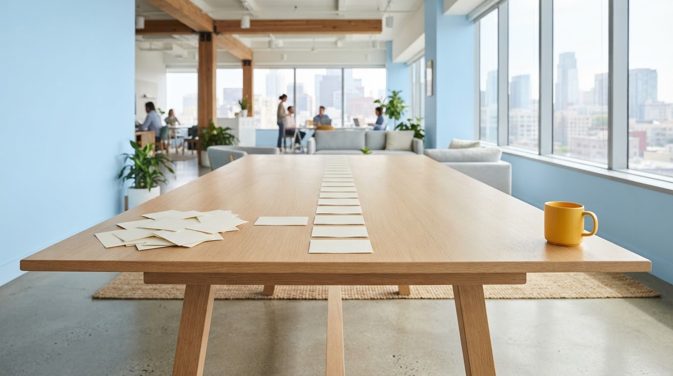 Clean organized note cards on a light oak table in a sunlit office