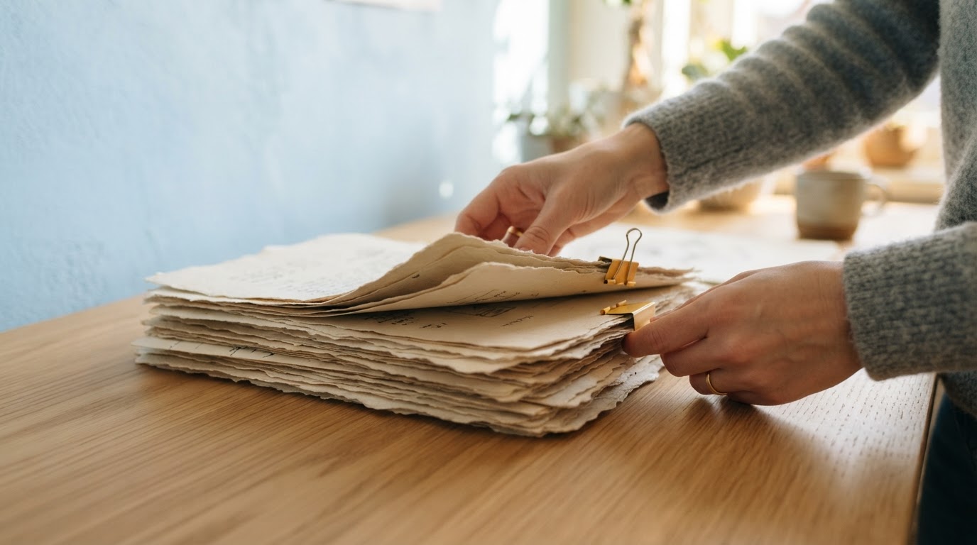 Hands organizing paper documents on a wooden desk