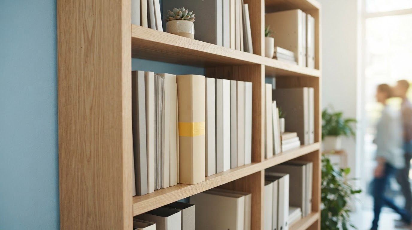 Organized file folders on a wooden shelf in a bright office
