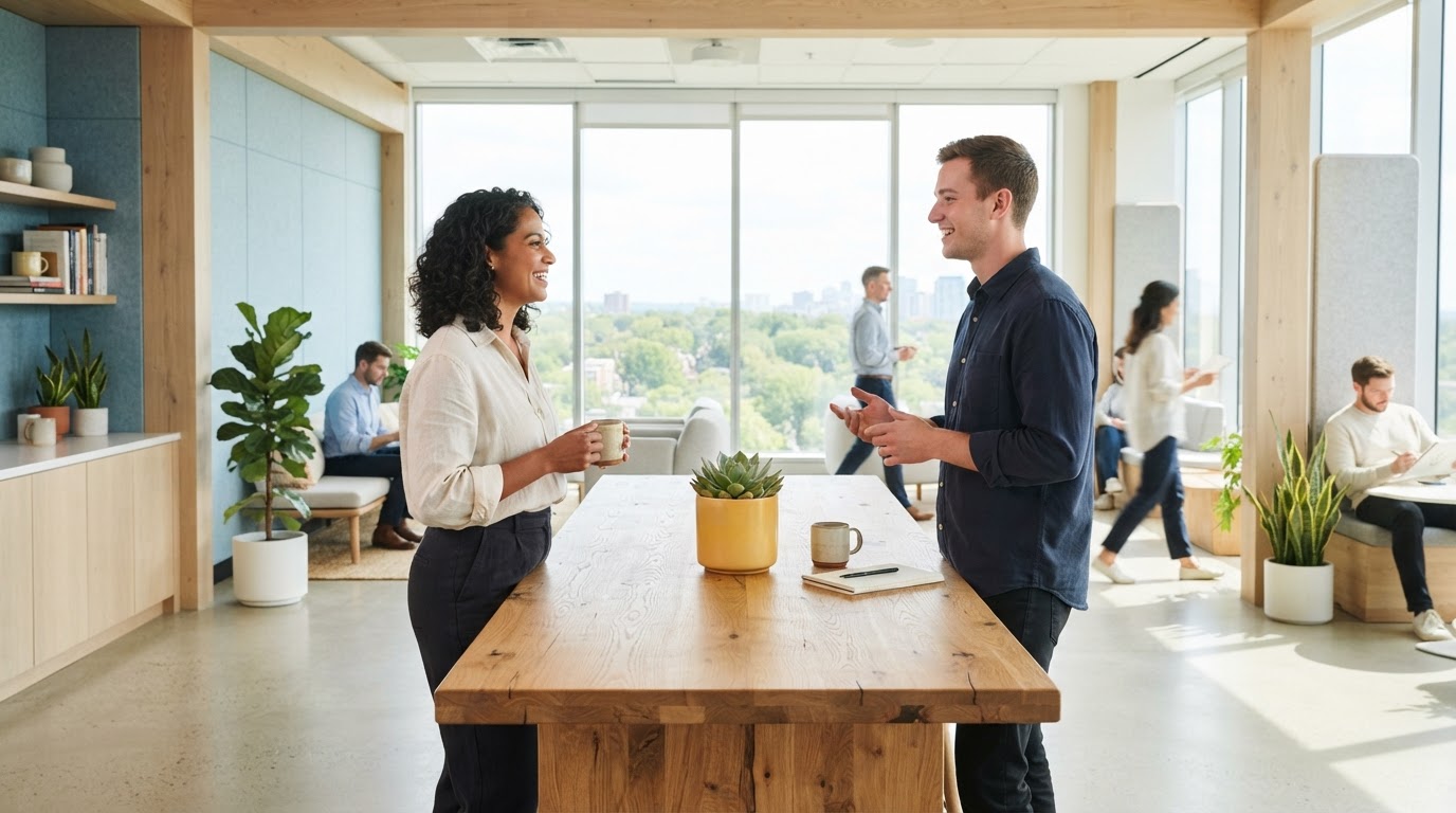Two colleagues having a relaxed conversation in a bright office