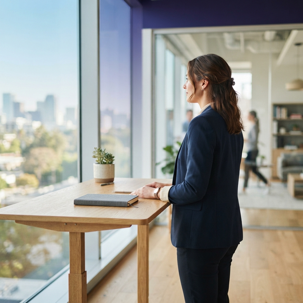 A focused professional in a sunlit modern workspace