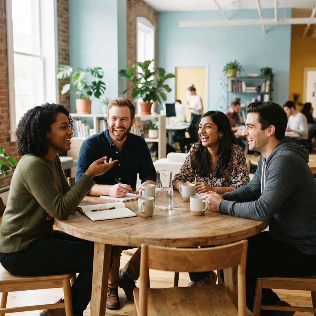 A happy diverse team collaborating in a bright modern office