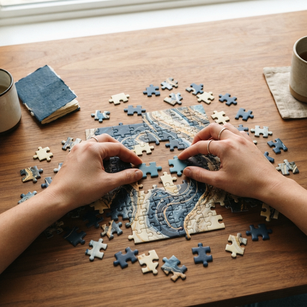 Hands assembling puzzle pieces on a clean wooden desk