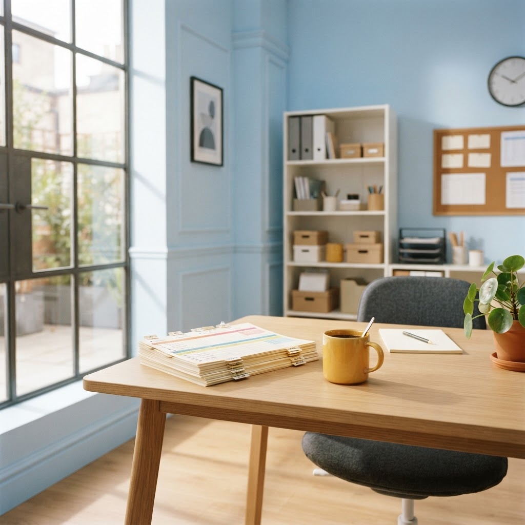 Clean and organized hospitality office desk with sunlight