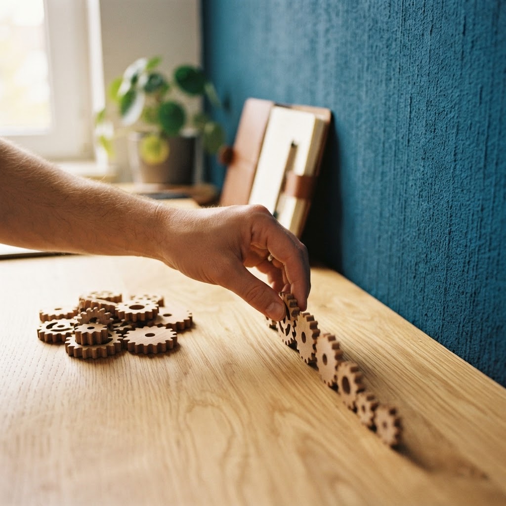 Hands organizing wooden gears on a desk representing order