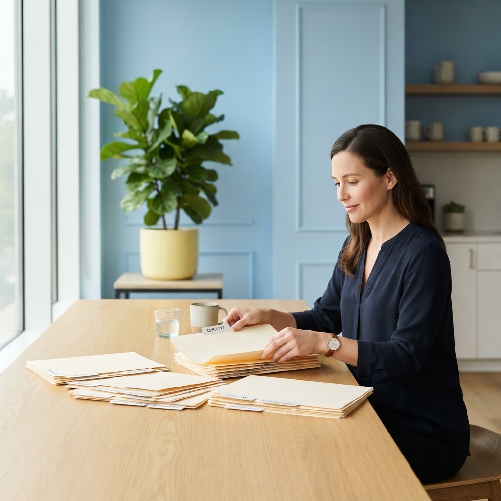 Hospitality team member organizing files in a bright breakroom