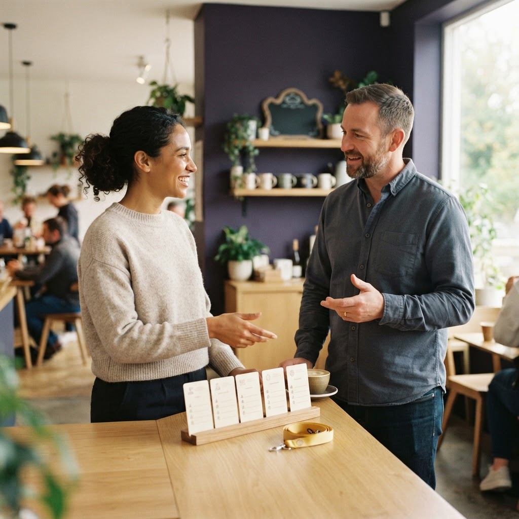 Two hospitality managers collaborating in a sunlit cafe