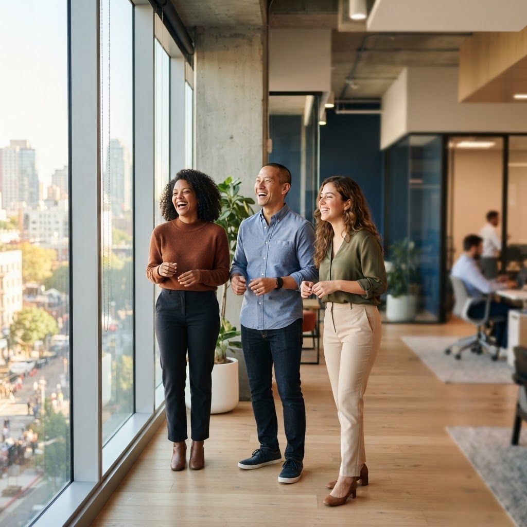A small diverse team laughing together in a bright office