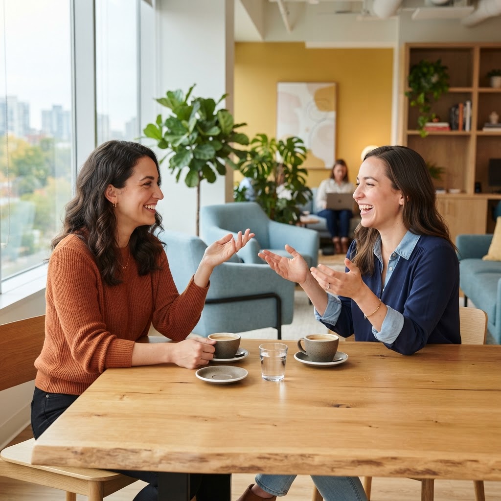 Two colleagues collaborating in a sunlit modern workspace