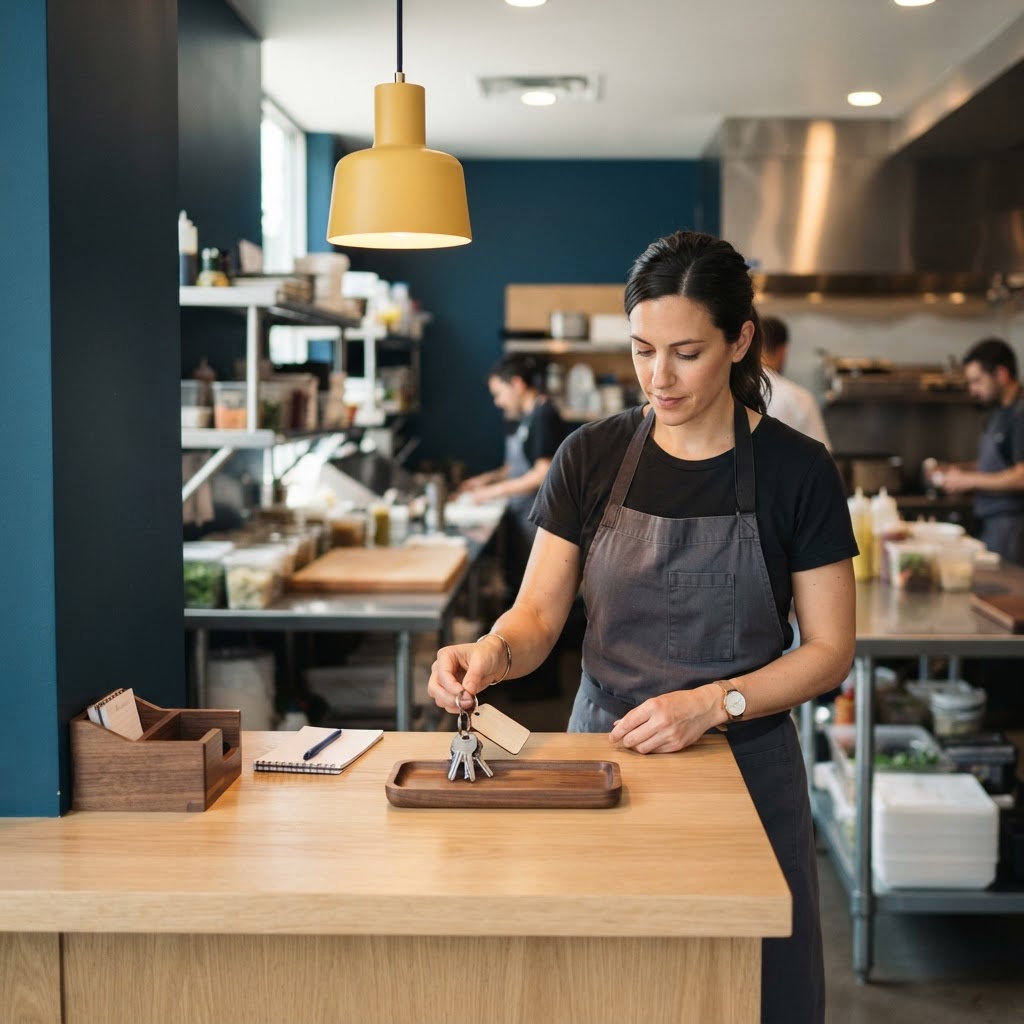 Operations manager organizing staff assets on a wooden tray