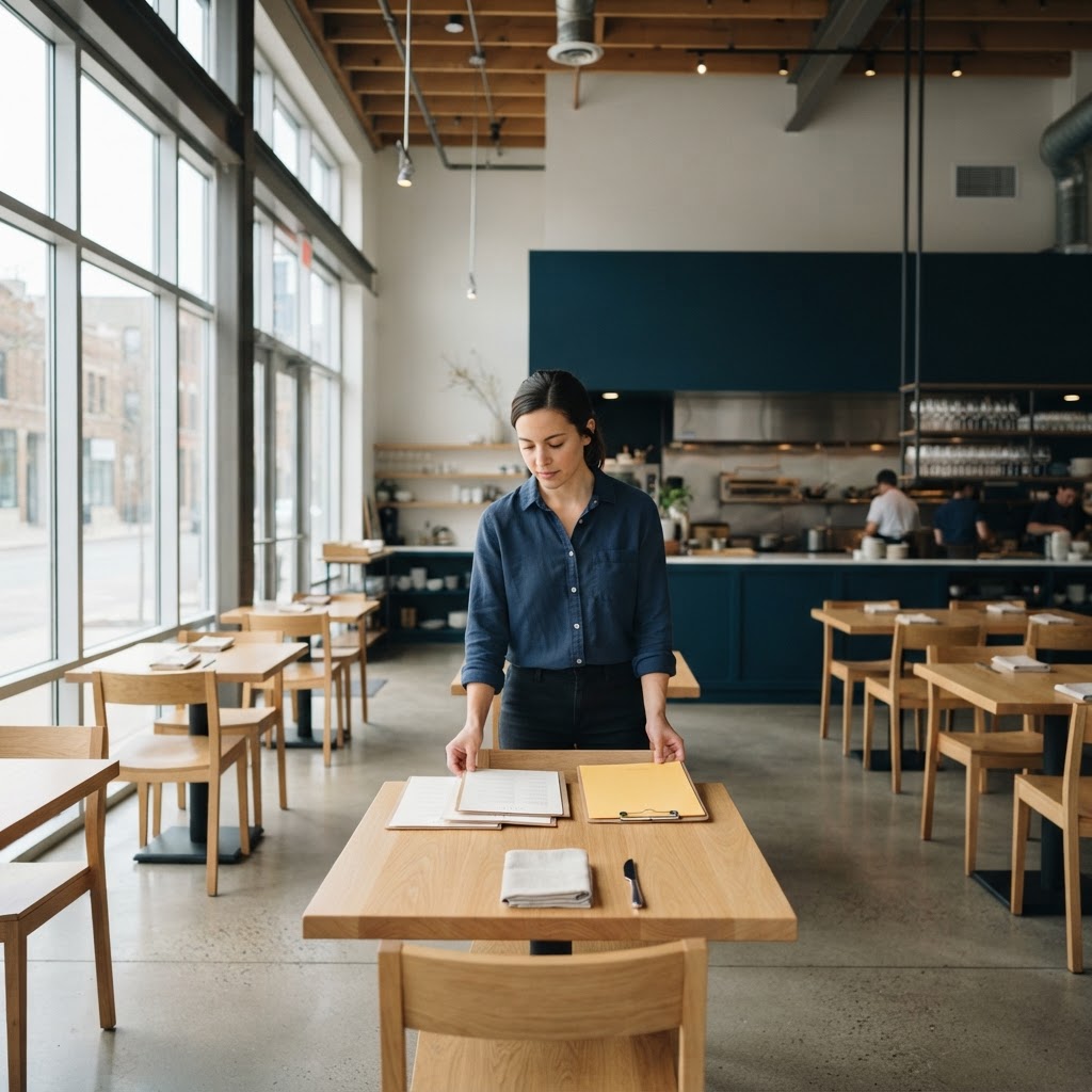Restaurant manager organizing paperwork on a clean dining table