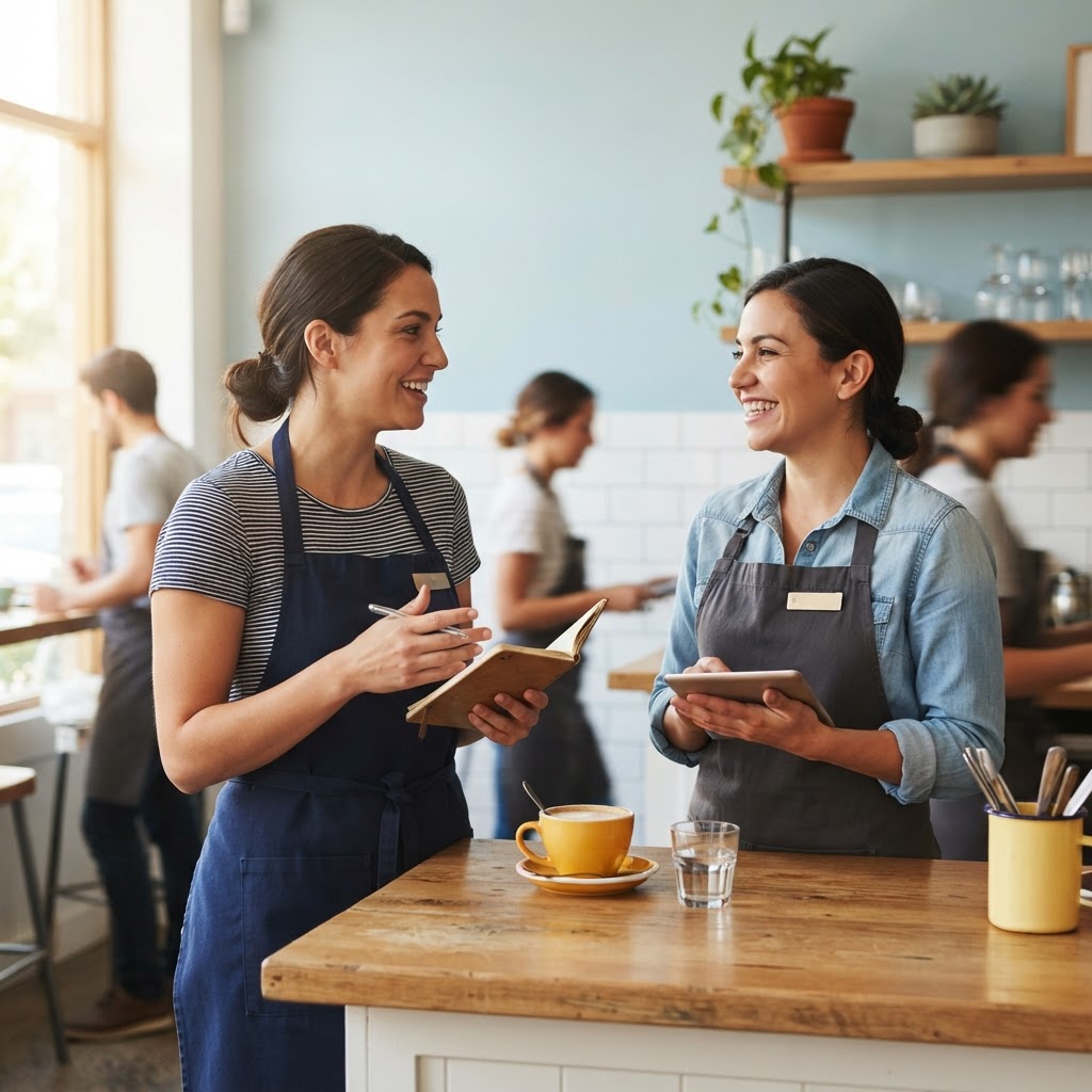 Two restaurant team members chatting in a bright kitchen area