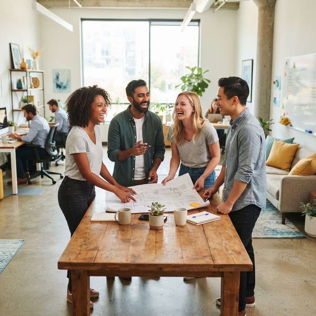 A happy team collaborating in a bright modern office