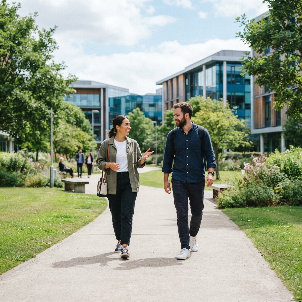 Two colleagues walking and talking outdoors