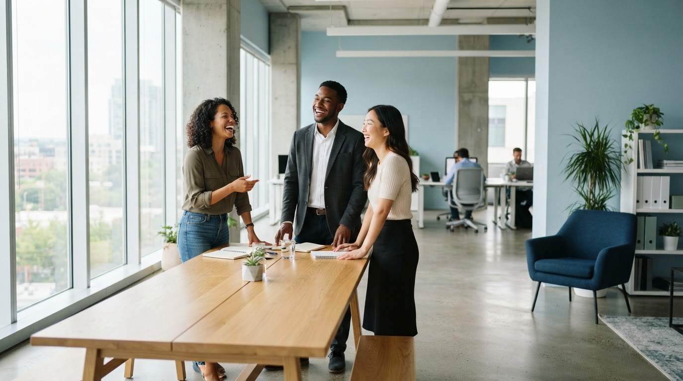 A diverse team laughing and collaborating around a large wooden table