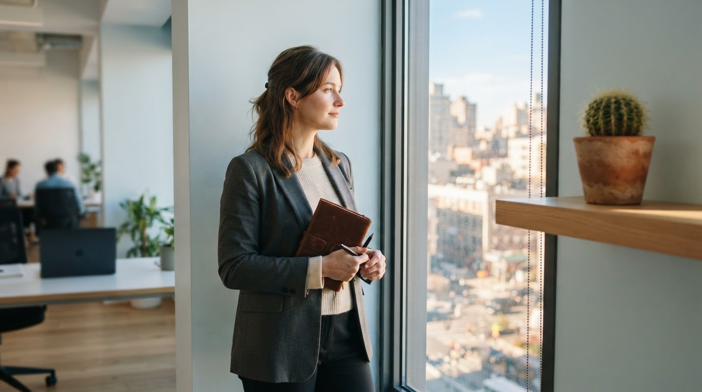 A team member looking thoughtfully out of a bright, sunlit office window