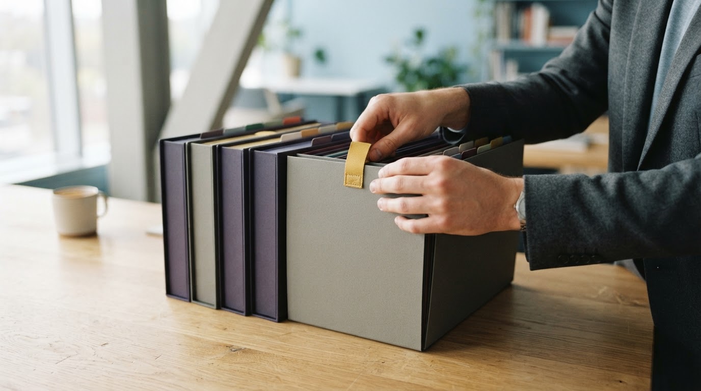 Hands organizing clean folders on a desk