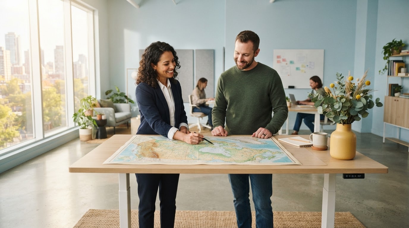 Two colleagues collaborating over a map of Canada in a sunlit office