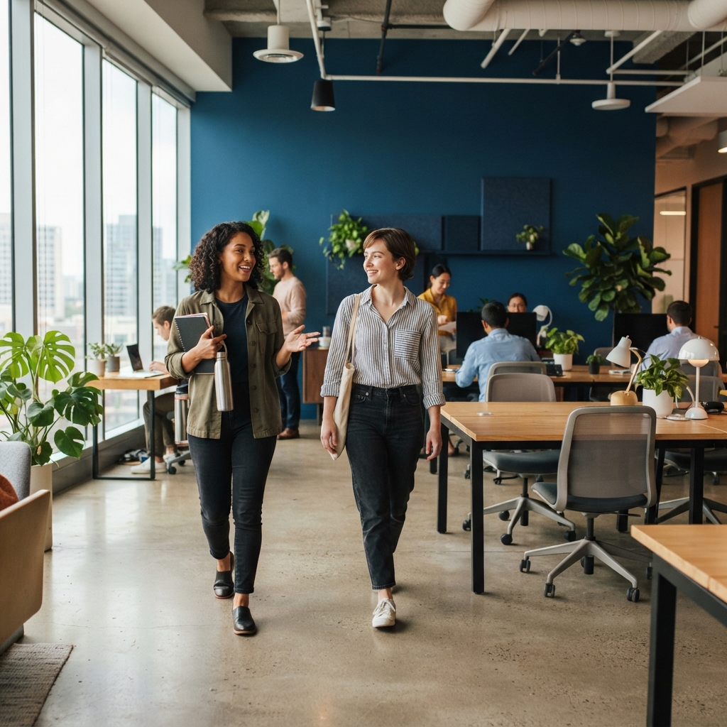 Operations lead and a team member talking in a modern office