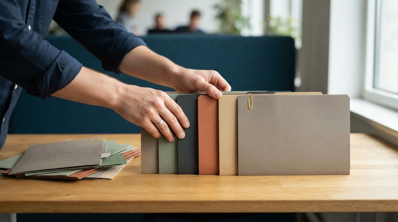 Hands organizing paper folders on a wooden desk