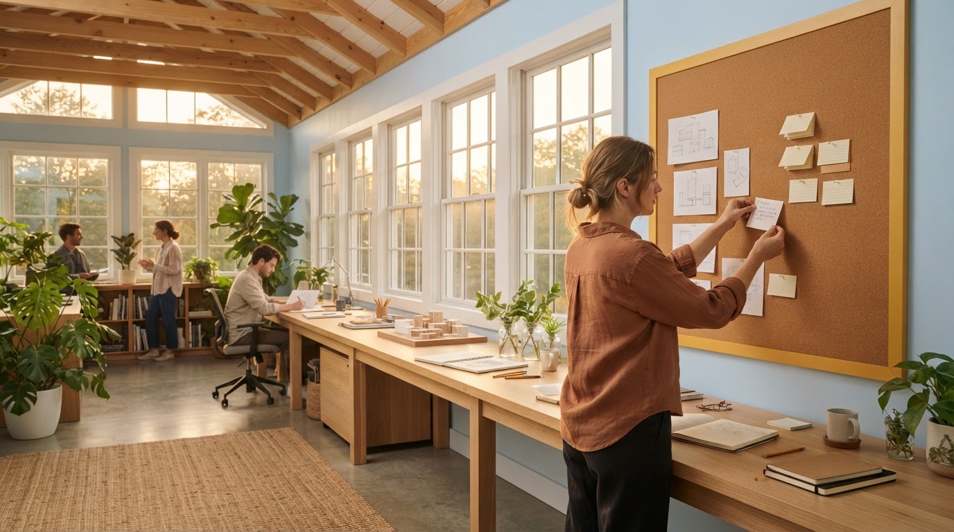 Person pinning a note on a wooden office wall