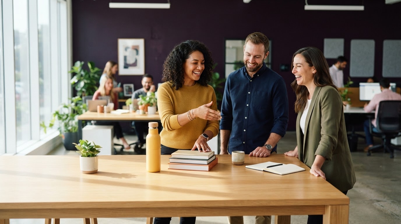Three team members collaborating at a wooden table