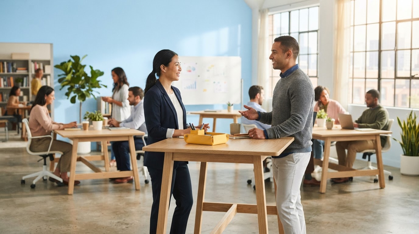 Two colleagues collaborating in a bright modern office